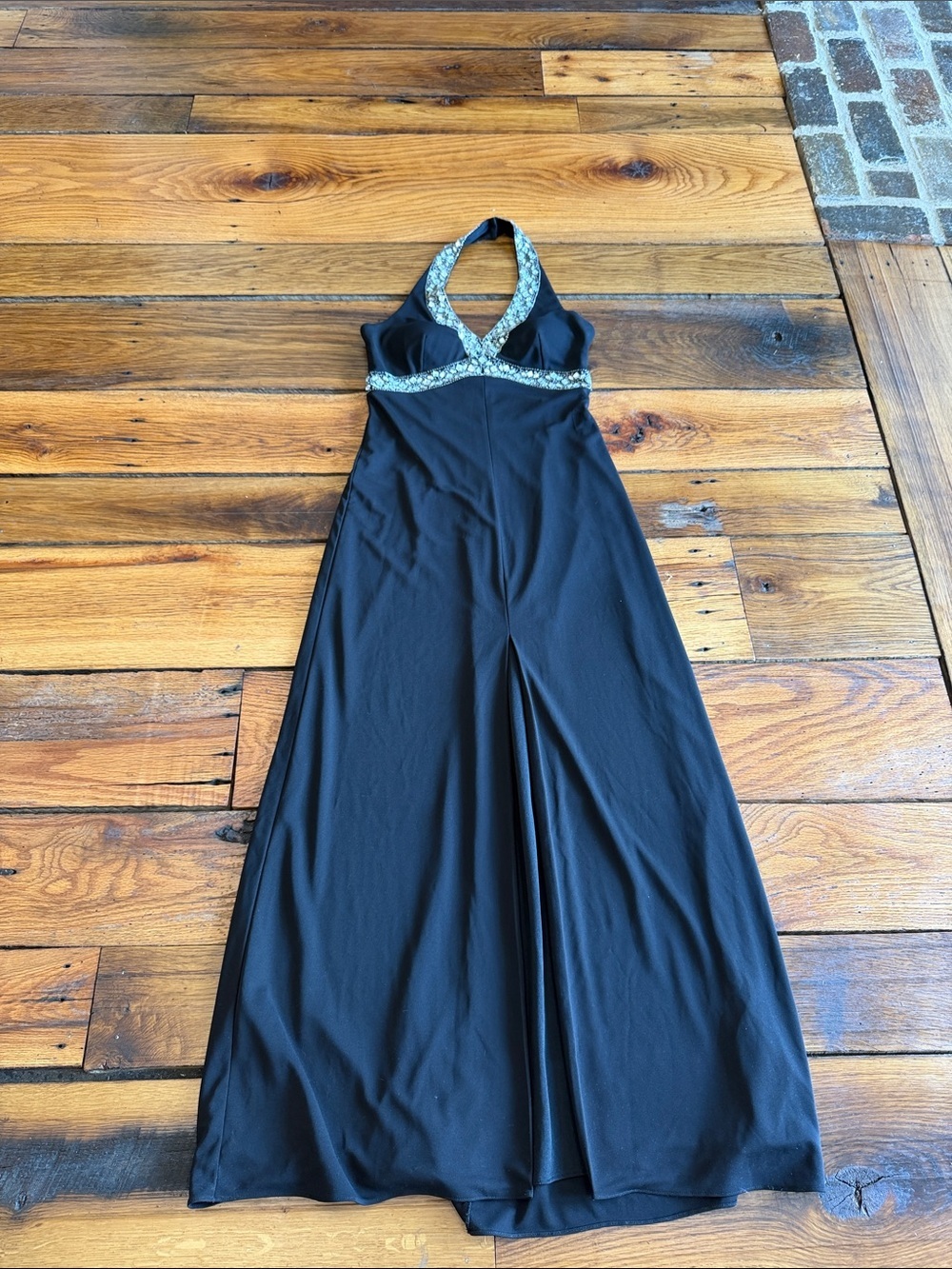 De Laru Black Halter Evening Dress  Rhinestone Trim Flour Length with Slit 9/10